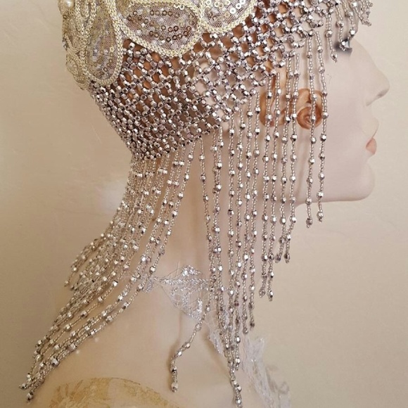 Gatsby 20\'s Silver Ivory Lace Crystal Head… main image 8
